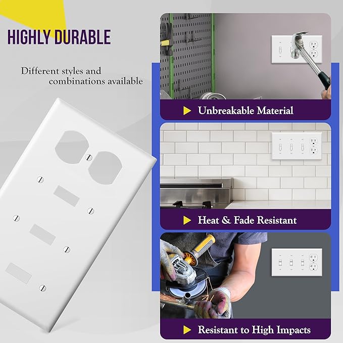 ENERLITES Combination Triple Toggle/Single Duplex Receptacle Outlet Wall Plate, Standard Size 4-Gang Light Switch Cover (4.50" x 8.19"), Polycarbonate Thermoplastic, UL Listed, 881321-W, White