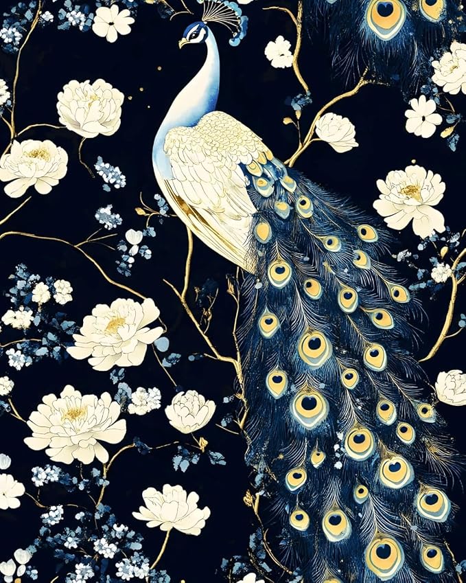 Black Vintage Peacock Peel and Stick Wallpaper 17.5" x 393" | Waterproof Vinyl Self Adhesive Removable Renter Friendly Floral Contact Paper