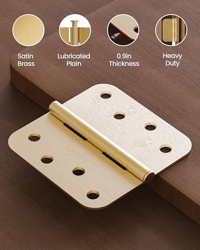 4" X 4" Satin Brass Door Hinges – 36 Pack Gold Door Hinges with 5/8" Radius, Rounded Interior Heavy Duty 4 Inch Exterior & Front Door Hinge for Residential Use