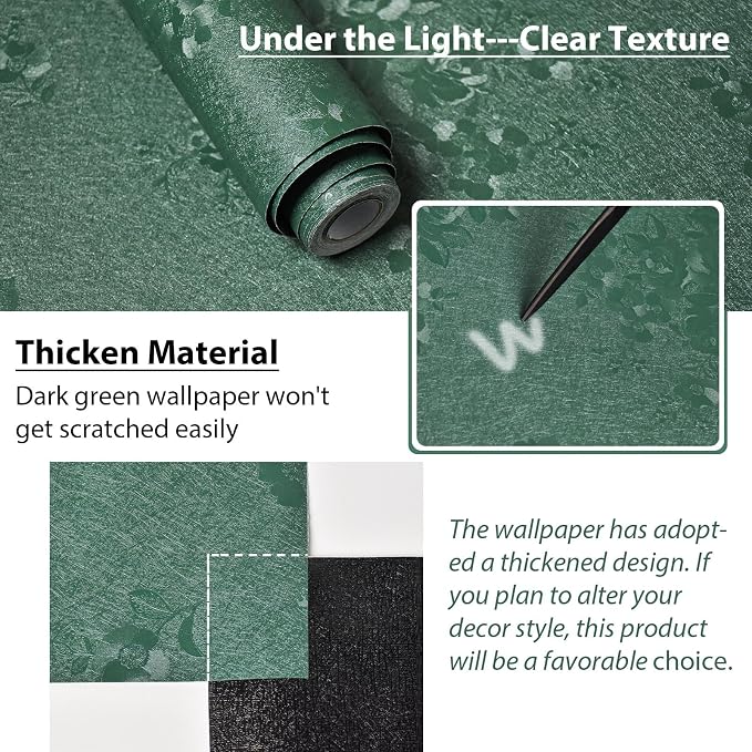 Dark Green Wallpaper Silk Embossed Texture Contact Paper 197in17.7in | Emerald Green Floral Wallpaper,Thicken Self Adhesive Removable,Used for Cabinet Kitchen Bedroom Bathroom Waterproof WallDecor
