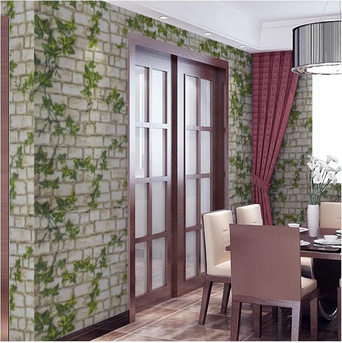 Green Leaves Brick Wallpaper Peel and Stick Realistic Distressed Textured Waterproof Self Adhesive Contact Paper Vintage Removable Vinyl Wall Paper Faux Brick Look Wall Covering 23.6"x393"