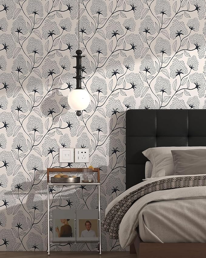 Peel and Stick Wallpaper Black and Beige Contact Paper 17.3"x78.8" | Boho Self Adhesive Wallpaper Removable Modern Floral Wall Paper for Bathroom Art Decoration Wallpapers Bedroom Kitchen Vinyl