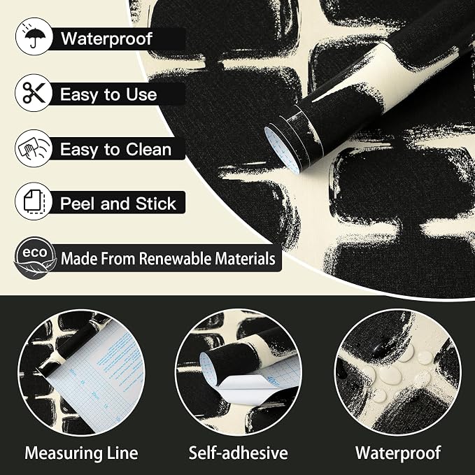 Safiyya Peel and Stick Wallpaper Black and Cream White Contact Paper Mid Century Modern Abstract Geometric Wall Paper Self Adhesive Removable Wallpaper for Bathroom and Bedroom Vinyl 17.3"x78.7"
