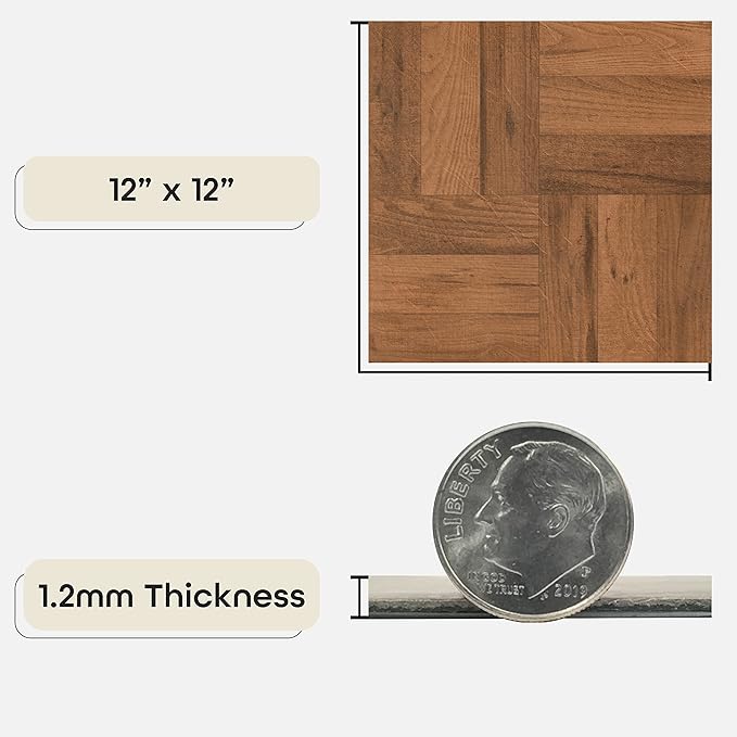 Nexus Self Adhesive 12-Inch Vinyl Floor Tiles, 20 Tiles - 12" x 12", 3 Finger Medium Oak Parquet Pattern - Peel & Stick, DIY Flooring for Kitchen, Dining Room, Bedrooms & Bathrooms by Achim Home Décor