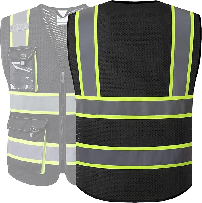 JKSafety Hi Vis Reflective Safety Vests for Men Women High Visibility Vest with Pockets Mesh Fabric Construction Safety Apparel Neon Vest for Work (220-Black XL)