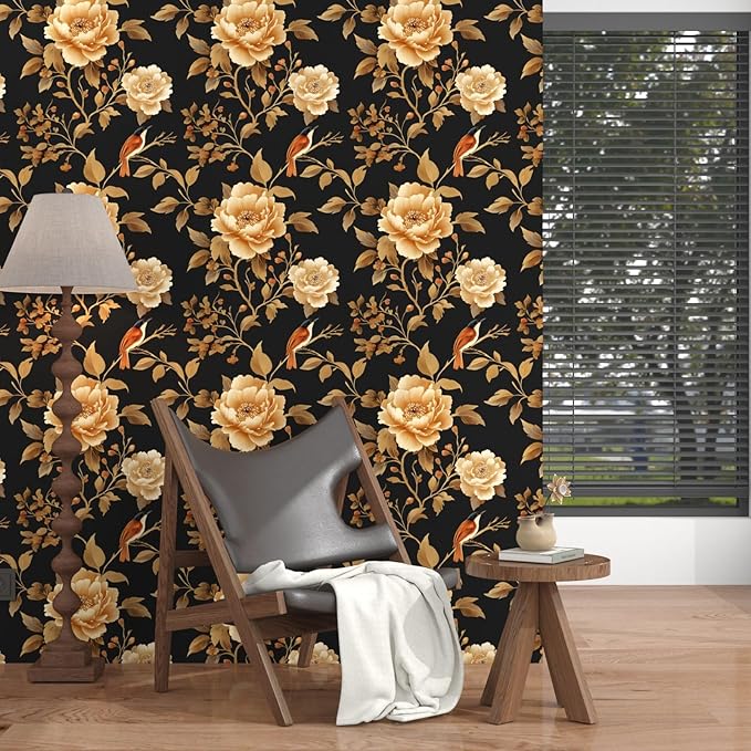 Laatse Vintage Floral Bird Wallpaper Peel and Stick Boho Wallpaper 17.5in x393in Black/Golden Floral Wall Mural Waterproof Self-Adhesive Modern Wall Paper for Bedroom Kitchen Cabinet Drawer Decor