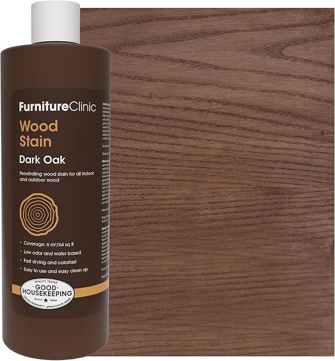 Furniture Clinic Wood Stain | Dark Oak | Water Based | Fast Drying, Low Odor, & Non-Toxic | for Indoor & Outdoor Furniture and More | Multiple Finishes | (17oz / 500ml)
