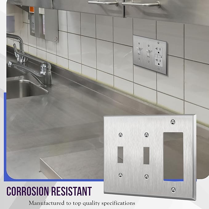 ENERLITES Combination Toggle Light Decorator Switch Metal Wall Plate, Corrosive Resistant, Size 3-Gang 4.50" x 6.38", 430 Gauge Alloy, 771231, Stainless Steel, Silver