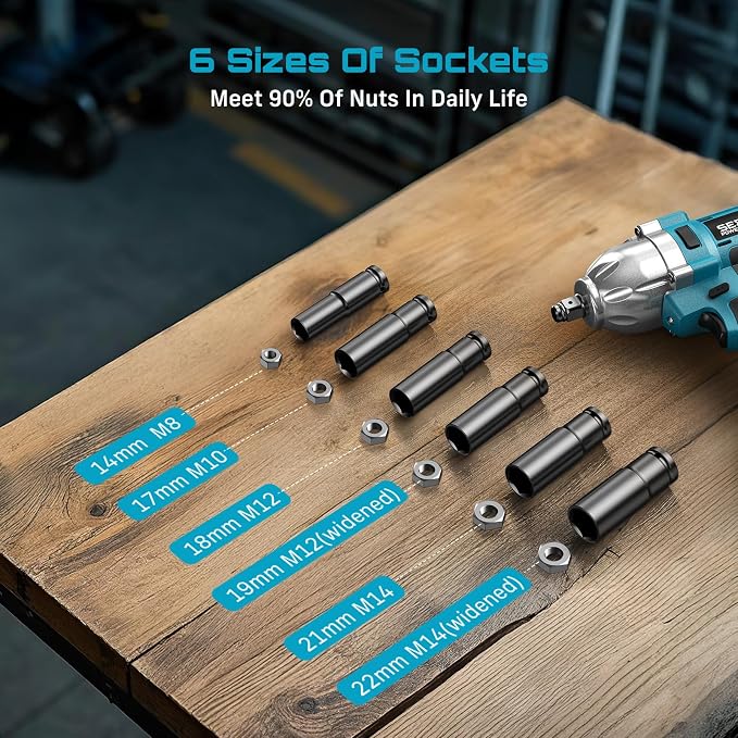 Seesii Impact Wrench 665 FT-LBS(900N.m) 3300IPM 1/2 Impact Gun High Torque Electric Impact Driver Cordless Impact Wrench with 21V 2x4.0Ah Battery 6 Sockets&Case for Home Car Tire Lug Nut Removal Tool