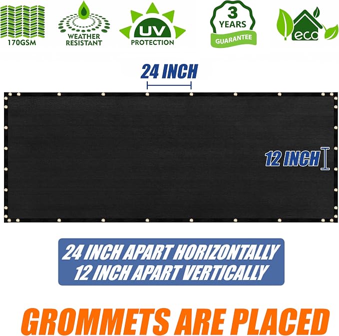 Amgo Custom Made 8' x 135' Black Fence Privacy Screen Windscreen with Bindings & Grommets, Heavy Duty for Commercial and Residential, 90% Blockage, Cable Zip Ties Included (We Customize)