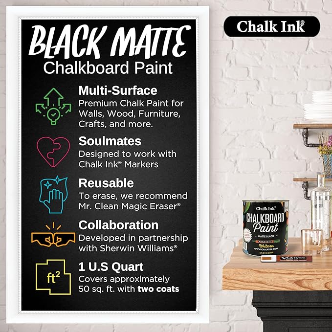 Chalk Ink Chalk Paint – Premium Matte Black Chalkboard Paint for Walls, Wood, Furniture, and Crafts