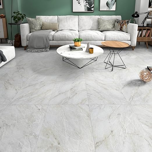 WESTICK Beige Marble Floor Tiles Peel and Stick Waterproof Bathroom Floor Tile Stickers Thick Adhesive Vinyl Flooring Decorative Removable Kitchen Peel Stick Flooring Tile for Bedroom 5 PCS 12" x 12"