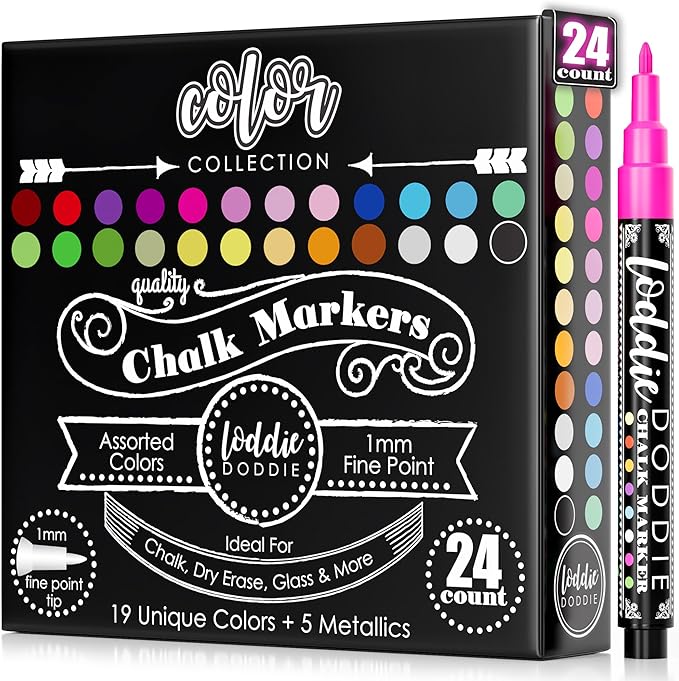 Loddie Doddie Liquid Chalk Markers - 24 Pack, 1mm Tip, Multicolor - Chalk Paint Finish - Vibrant Chalkboard Markers - Easy-Clean Wet Erase