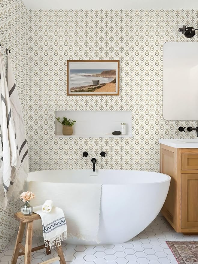 Dimoon 17.3''x197'' Peel and Stick Wallpaper Floral Beige Boho Neutral Cute Contact Paper Vintage Village Country Cottage Wallpaper Farmhouse Renter Friendly Geometry Waterproof Kitchen Bedroom