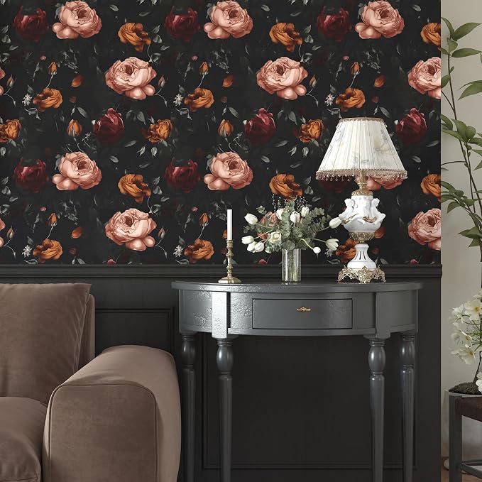 Gothic Black Orange Rose Floral Wallpaper Peel and Stick 17.5"x393" | Self Adhesive/Removable/Waterproof/Thick Vinyl Vintage Contact Paper for Bathroom Bedroom Shelf Cabinet Drawer,Prepasted