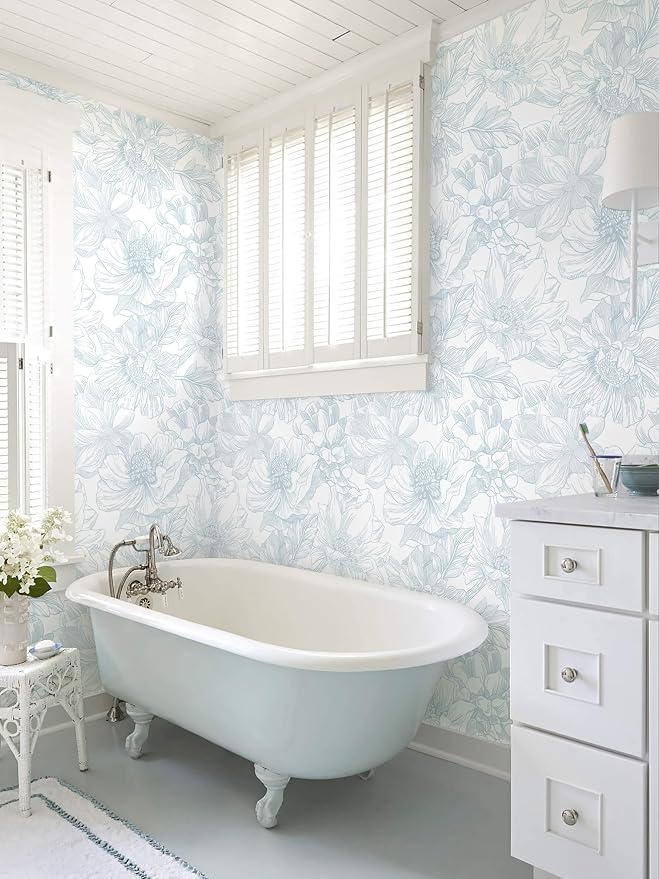 Ismoon Large Floral Peel and Stick Wallpaper Boho White and Blue Contact Paper 17.3inx6.5ft Modern Wall Paper Removable Self Adhesive Vinyl Wallpaper for Bedroom Cabinet Waterproof Mural Wall Decor