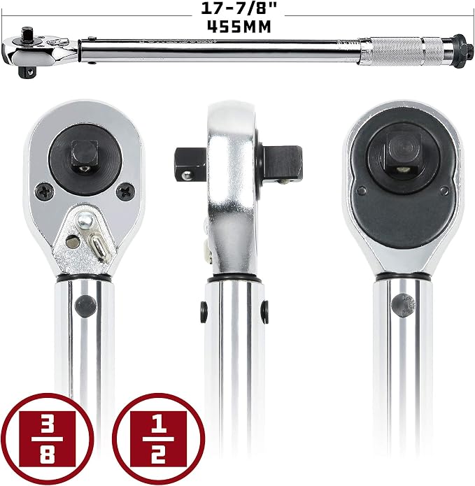 Powerbuilt Dual Drive Torque Wrench, 3/8 and 1/2 Inch Drives, 10ft Lbs, 19-inches Long, 10-150 Feet Range, Micrometer Style Torque Ranges 944001