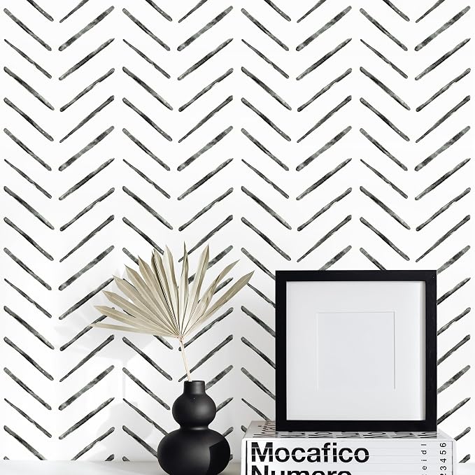Rugreat Black Herringbone Peel and Stick Wallpaper Modern 591inL17.3inW | Stripe Contact Paper for Cabinets Neutral Self Adhesive Removable Wallpaper for Bedroom Bathroom Waterproof Black and White