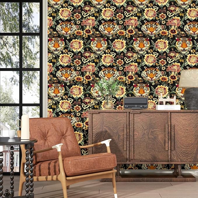 Yellow Gold Vintage Tiger Peel and Stick Wallpaper 17.5" x 118" | Waterproof Vinyl Self Adhesive Removable Renter Friendly Floral Contact Paper