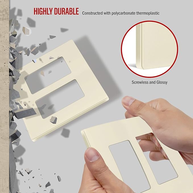 ENERLITES Screwless Decorator Wall Plate Child Safe Outlet Cover, Size 2-Gang 4.68" H x 4.73" L, Unbreakable Polycarbonate Thermoplastic, SI8832-LA, Glossy, Light Almond