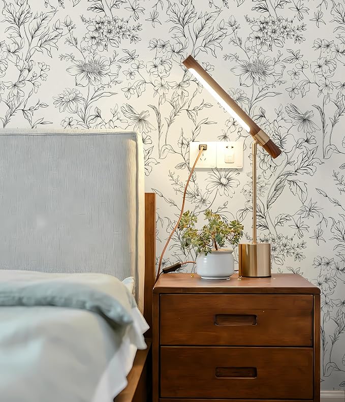 Hopepak Black and Cream White Wallpaper Floral Peel and Stick Wallpaper 17.3" x 78.7" Self Adhesive Removable Vintage Wall Paper for Bedroom Flower Boho Contact Paper for Cabinets Drawers Vinyl