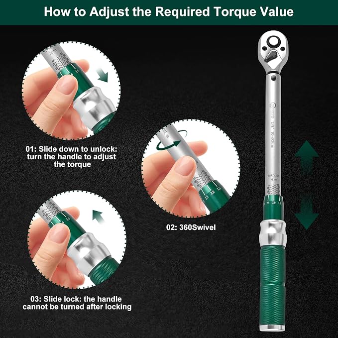 3/8" Drive 7Pcs Click Torque Wrench Set, 7.38-44.25 ft.lb / 10-60 Nm | ±3% High Precision 72-Tooth Reversible Cr-V Tool for Auto, Motorcycle & Bicycle Repair with Storage Case