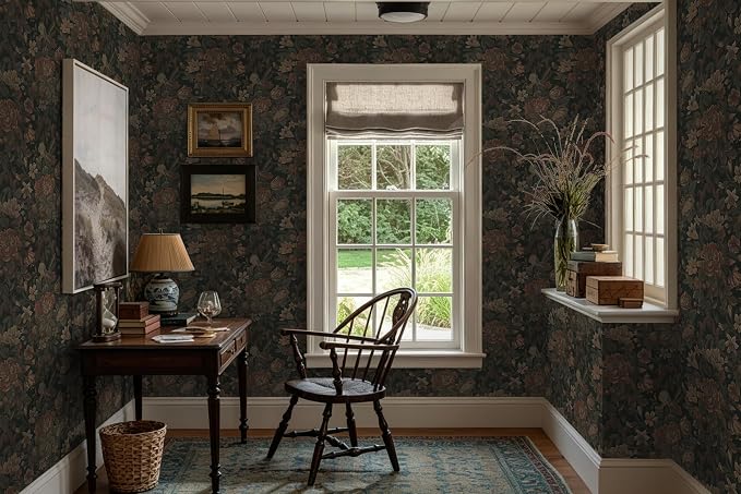 Dimoon Vintage Peel and Stick Wallpaper Dark Green Floral Wall Paper 16.1"x393" Retro Victorian Moody Wallpaper Renter Friendly Dark Floral Gothic Contact Paper for Bedroom Shelf Liner Vinyl Roll