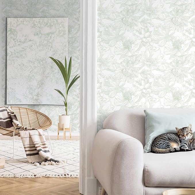 Ismoon Large Floral Peel and Stick Wallpaper Boho Green and White Contact Paper 17.3inx6.5ft Modern Wall Paper Removable Self Adhesive Vinyl Wallpaper for Bedroom Cabinet Bathroom Mural Wall Decor