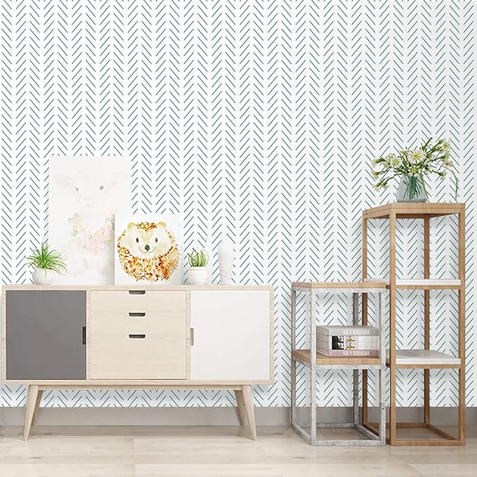 Erfoni Peel and Stick Wallpaper Green Herringbone Wallpaper for Bathroom | 17.7in x 118.1in Modern Geometric Removable Contact Paper Green and White Line Peel Stick Self Adhesive Wallpaper for Walls