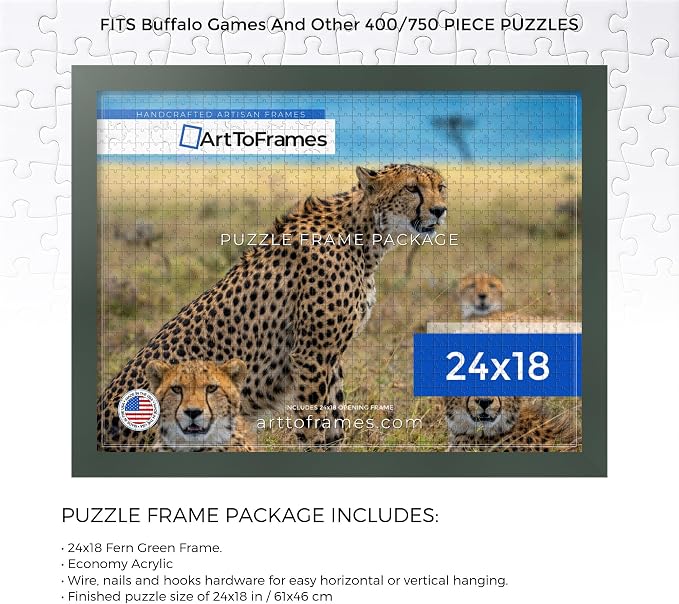 ArtToFrames Puzzle Frame for Buffalo Games 400, 750 Piece Jigsaw Puzzles, 24x18 Inch (61x46 cm), Fern Green Engineered Wood with Economy Acrylic, Ready to Hang Puzzle Display