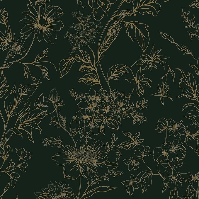 Hopepak Gold and Green Floral Wallpaper Peel and Stick Wallpaper for Bedroom 17.3" x 78.7" Self Adhesive Removable Wall Paper Waterproof Contact Paper Vinyl Roll for Bathroom Living Room
