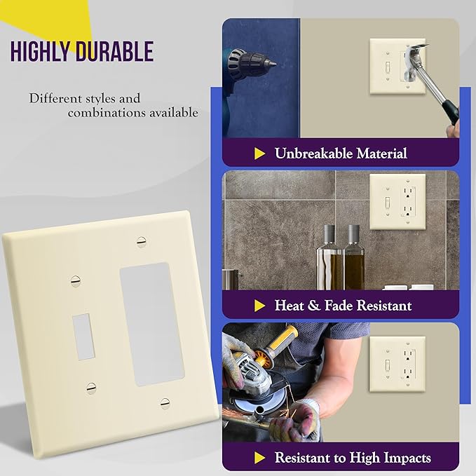 ENERLITES Combination Toggle Light Switch/Decorator Light Switch Plate, Double Switch Wall Plate, Mid-Size 2-Gang 4.88" x 4.92", Polycarbonate Thermoplastic, 881131M-LA, Light Almond