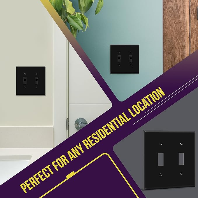 ENERLITES Double Toggle Switch Cover, Two Gang Light Switch Wall Plate, Standard Size 2-Gang 4.50" x 4.57", Unbreakable Polycarbonate Thermoplastic, UL Listed, 8812-BK-5PCS, Black (5 Pack)