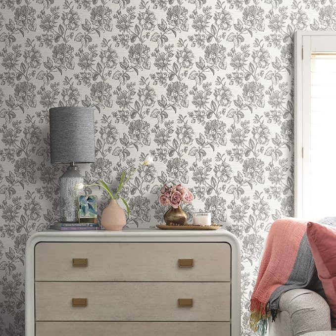 RoomMates Tamara Day RMK12519RL Gray Flower Girl Peel and Stick Wallpaper, Charcoal