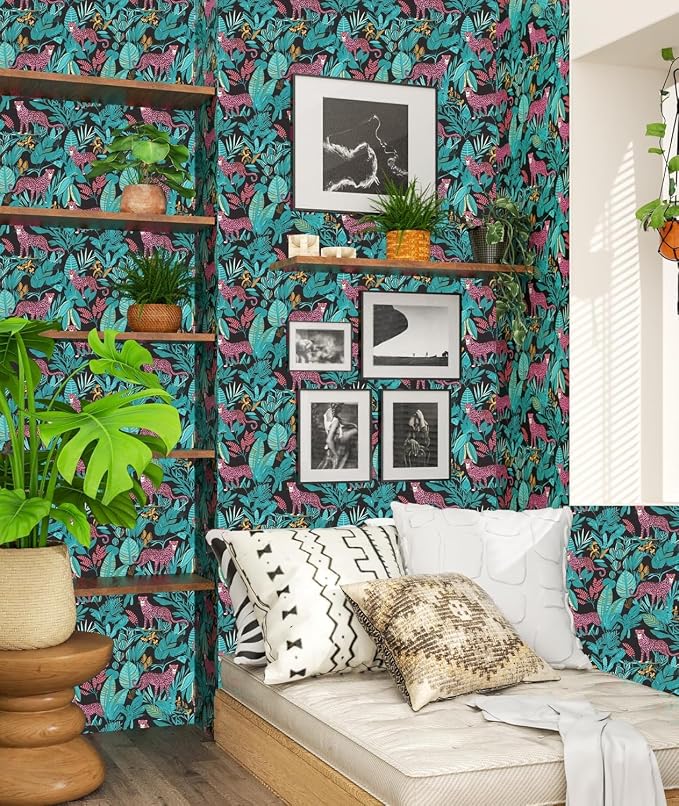 Blue Pink Vintage Leopard Peel and Stick Wallpaper 17.5" x 197" | Waterproof Vinyl Self Adhesive Removable Renter Friendly Floral Contact Paper