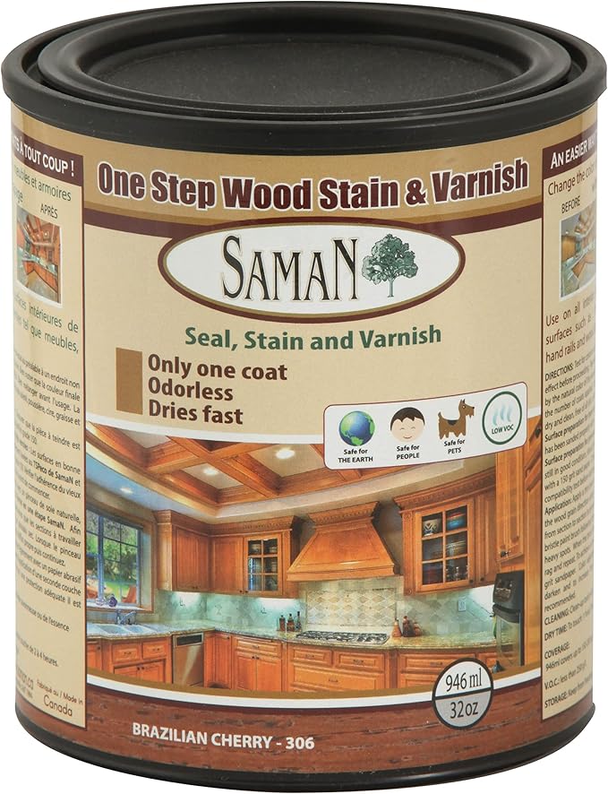 SamaN Interior One Step Wood Seal, Stain and Varnish – Oil Based Odorless Dye - Protection for Furniture and Fine Wood (Brazilian Cherry SAM-306, 32 oz)