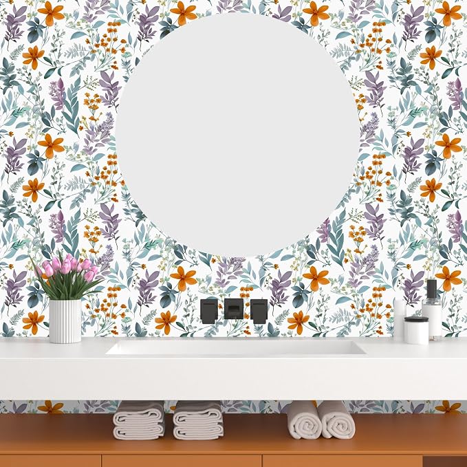 Blue Leaf Wallpaper Peel and Stick,Vintage Purple/Orange Floral Contact Paper 17.5" x 118",Botanical Wall Paper Self Adhesive Removable Waterproof for Room Bedroom Walls Shelves Cabinet Table Decor