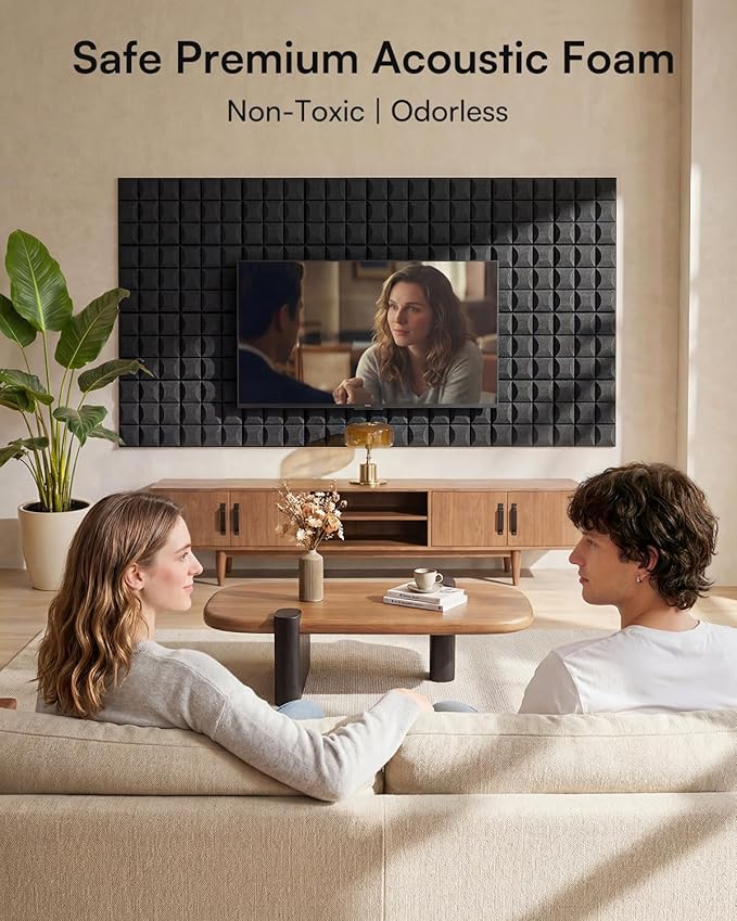 SODOCT 24 Pack Self-Adhesive Acoustic Foam Panels, 12 x 12 x 2 Inches Mushroom Shape, Sound Proofing Wall Panels, High Density Sound Absorbing Foam for Studio, Home Office, Recording (Black)