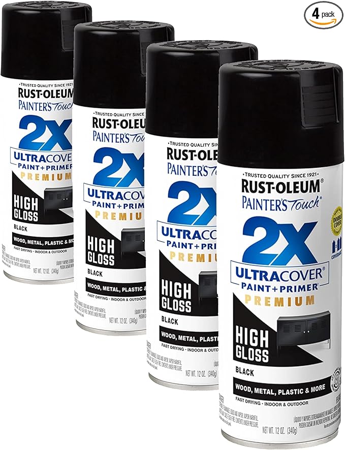 Rust-Oleum 331172 Painter's Touch 2X Ultra Cover Spray Paint, 12 oz, High Gloss Black (Pack of 4)
