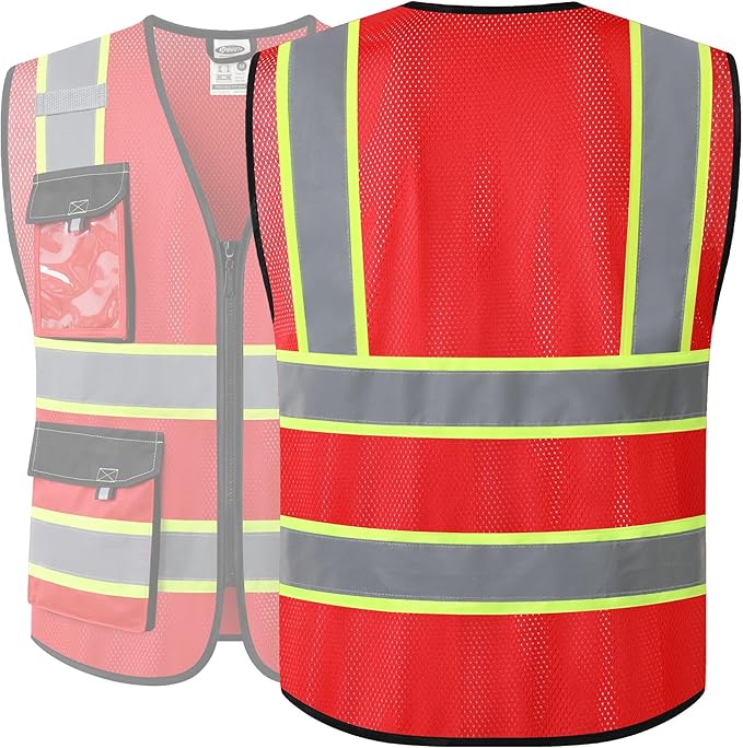 JKSafety Hi Vis Reflective Safety Vests for Men Women High Visibility Vest with Pockets Mesh Fabric Construction Safety Apparel Neon Vest for Work (220-Red XXL)