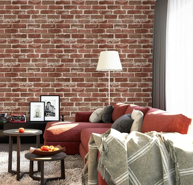 Hopeak Red Brick Wallpaper Self-Adhesive Peel and Stick Waterproof and Removable Good for Home Decoration and Furniture Renovation 17.5X 196 Inches
