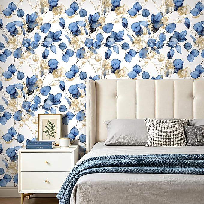 Livelynine Moody Blue Botanical Peel and Stick Wallpaper Navy White Gold | botanical wallpaper navy blue white and gold watercolor eucalyptus leaf self adhesive contact paper decorative 17.5x78.8"