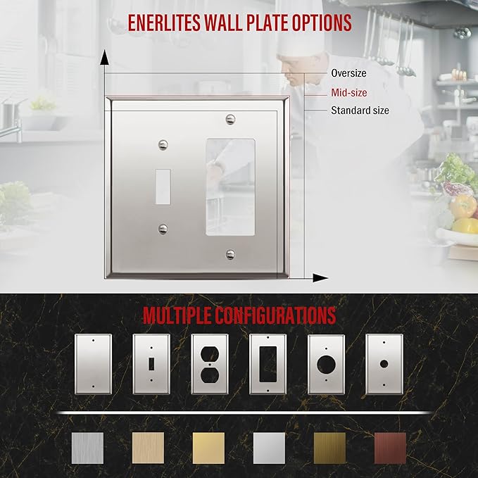 ENERLITES Combination Toggle Switch and DecoratorReceptacle Metal Wall Plate, Stainless Steel 201 Outlet Cover, Corrosion-Resistant, Mid-Size 2-Gang 4.88" x 4.92", 771131M-PC, Polished Chrome