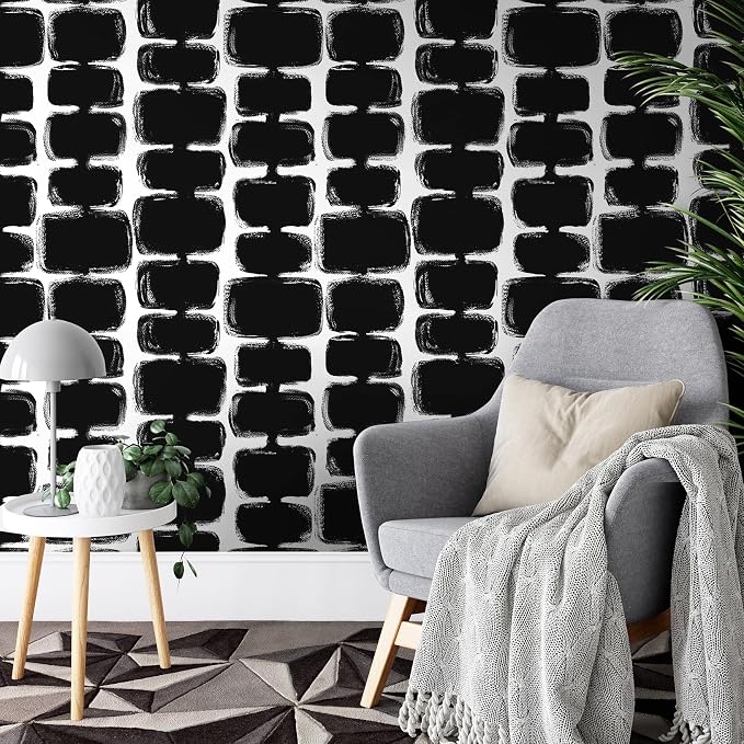 Safiyya 17.3"x197" Peel and Stick Wallpaper Black and White Contact Paper Mid Century Modern Abstract Geometric Wall Paper Self Adhesive Removable Wallpaper for Bathroom and Bedroom Vinyl