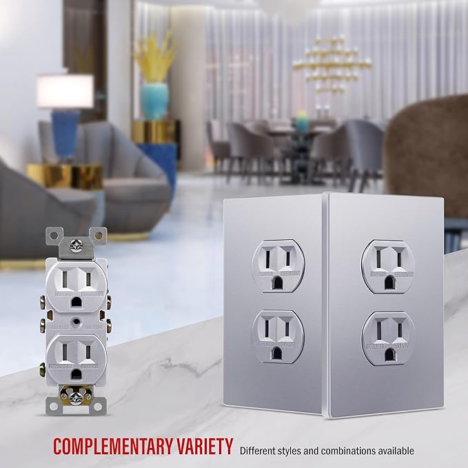 ENERLITES Elite Series Duplex Outlet Receptacle Cover, Screwless Wall Plate, Standard Size, 1-Gang 4.68" x 2.93", Unbreakable Polycarbonate Thermoplastic, UL Listed, SI8821-SV, Silver
