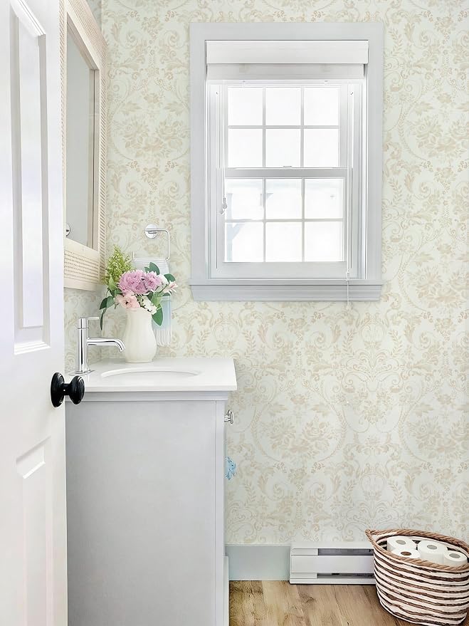 Ismoon Floral Peel and Stick Wallpaper Vintage Beige Contact Paper Watercolor Damask Wallpaper Boho Waterproof Removable Self-Adhesive Wall Paper for Bedroom Shelf Cabinet Décor 17.3in x 6.56ft