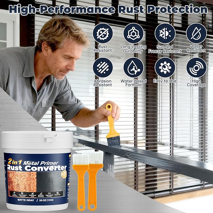 Gray Rust Converter for Metal, 2 in 1 Rust Converter and Metal Primer - Long-lasting Anti-Rust Coating for Interior and Outdoor Use on Iron Gates, Fences, Furniture Metal Protection, 35 oz