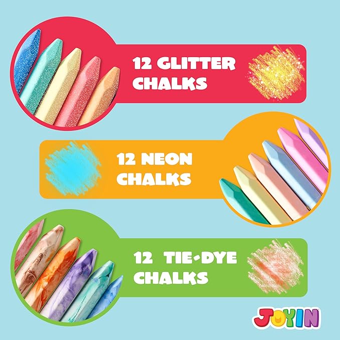 JOYIN 36 PCS Washable Sidewalk Chalk, 6 Packs Total, 3 Styles (Tie-Dye, Glitter & Neon), Outdoor Chalks for Painting, Drawing, Gifts for Kids