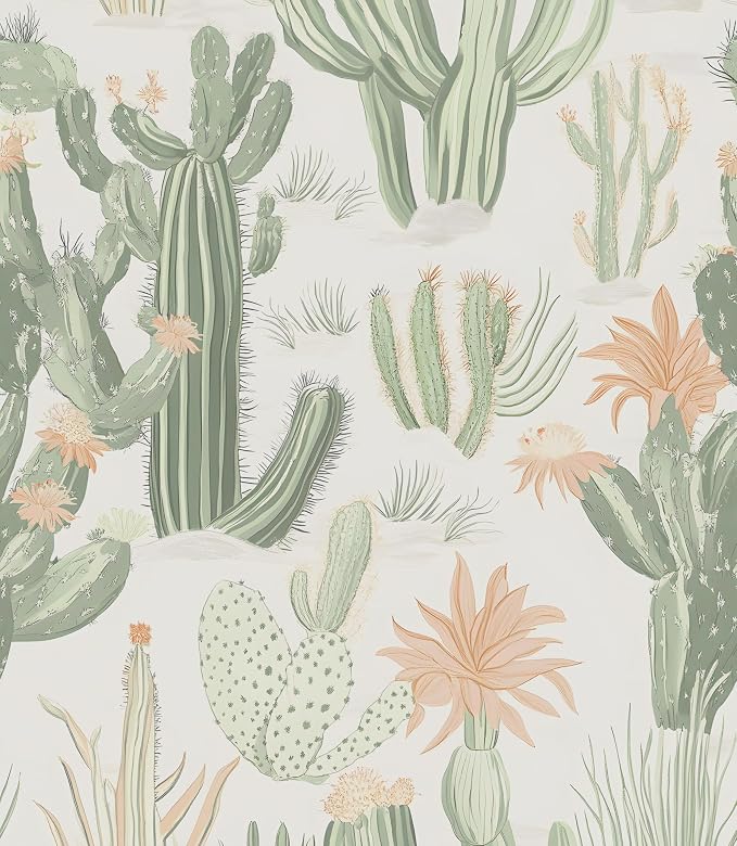 Light Cactus Floral Peel and Stick Wallpaper 17.5" x 118",Beige | Self Adhesive/Removable/Waterproof/Thick Vinyl Contact Paper for Bathroom Bedroom Shelf Cabinet Drawer,Prepasted,Easy Peel