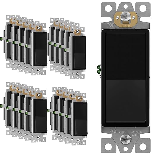 ENERLITES Matte Black Light Switch, Decorator Paddle Rocker Wall Switch, Single Pole, 3 Wire, Grounding Screw, Residential Grade, 15A 120V/277V, UL Listed, 91150-MBK20P (20 Pack)